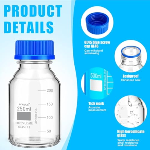Image of Borosilicate Glass reagent bottle 250ml with leak proof Blue Screw Cap pack of 4 for glassware wide mouth chemical bottles for lab, laboratory, kitchen and professional use