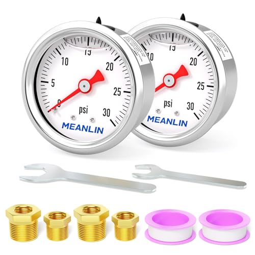 MEANLIN MEASURE 2pcs 0~30Psi Stainless Steel Liquid Filled, 1/8" NPT 1.5" Glycerin Filled Pressure Gauge, Water Oil Air, Back Mount, with 1/8" x 1/4" NPT and 3/8" NPT Hex Bushing