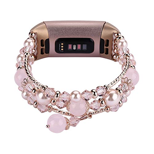Compatible with Fitbit Charge 4 Fitbit Charge 3 Replacement Bands for Women Girls, Handmade Elastic Beaded Pearl Dressy Bracelet Jewelry Fitness Accessories Smartwatch Waterproof Wristband, Pink
