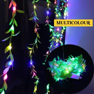 Image of URM LED Vine Curtain Lights Plug-in for Decoration, Multicolor Fairy String Lights with Artificial Leaves, Wall Hanging Lights for Room, Bedroom, Balcony, Wedding, Diwali, Party Decor