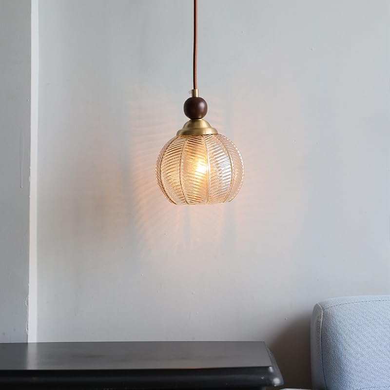 Genérico Luz colgante, Lámpara colgante LED de vidrio ámbar, accesorios iluminación for pasillo, dormitorio, tapa cobre madera, lámpara estilo japonés