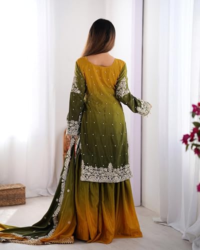 Image of Pandadi Saree Women's Chinon Silk Embroidery Kurta Sharara Set With Dupatta.