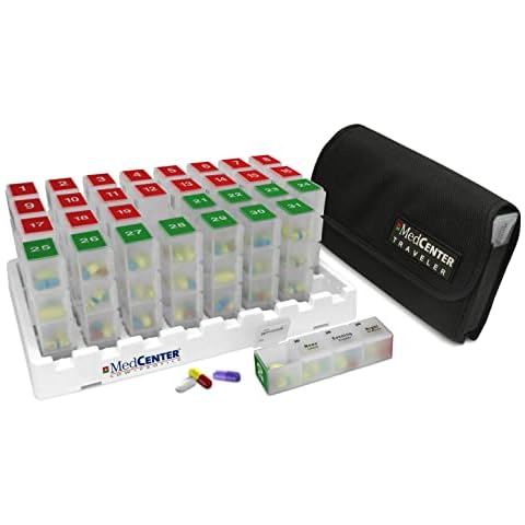 MedCenter Low Profile Monthly Medication Organizer with 7 Day Traveler, Standard Size Cover
