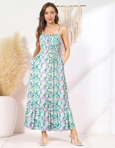 Image of GRACE KARIN Summer Dresses for Women 2026 Vacation,Smocked Floral Maxi Dresses,Boho Beach Long Sundress Green Flower XL