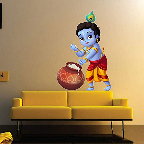 Krishna Ji with Makhan Matki Wall Sticker for Living Room for Living Room Multi Colour