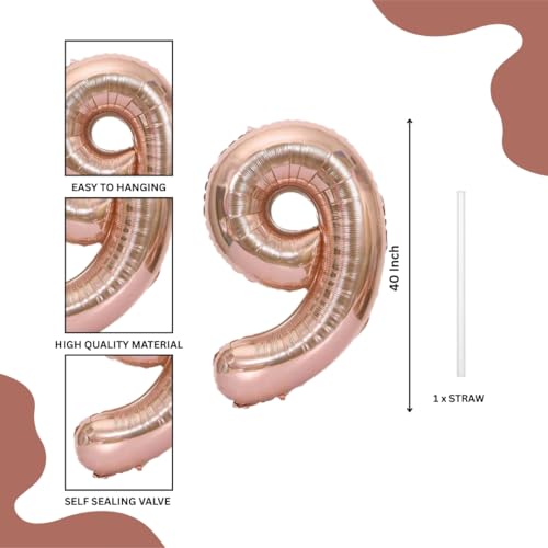 Image of Wanna Party Numerical 9 Rose Gold Balloon for Birthday and Anniversary Party, NUMBER Rose Gold Number Balloon Large Foil Balloon (40inch) (Rose Gold)