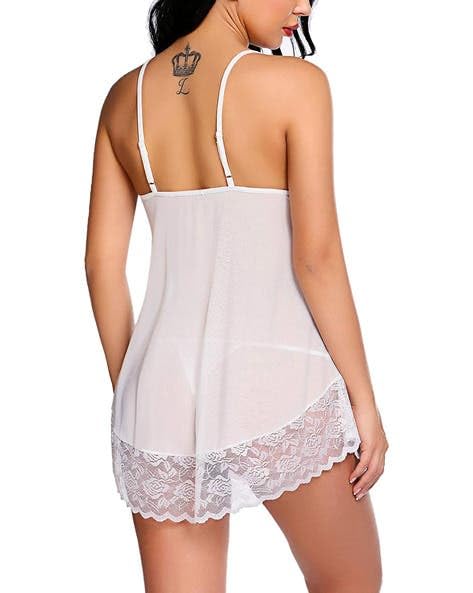 Image of Stylbase Babydoll Lingerie Night Dress Women Lace Slip & net Nighty Set - V-Neck Lycra Chemise Sleepwear Nightdress with Adjustable Straps & Matching Thong Panty, Bridal Honeymoon Nightwear (Upto L)