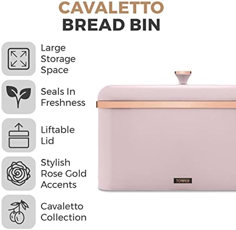 Tower T826130PNK Cavaletto Bread Bin Storage, Carbon Steel, Removable Lid, Marshmallow Pink and Rose Gold