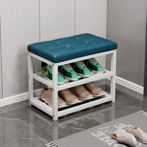 Banc à chaussures avec assise en cuir synthétique bleu et structure en métal de qualité - 2