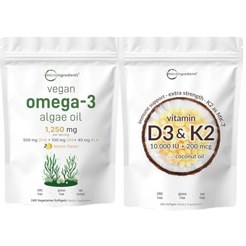 Micro Ingredients Vitamin D3 10,000iu + K2 200mcg Coconut Oil Softgels & Vegan Omega 3 Algae Oil Supplement Bundle 2 Pack | Essential Sunshine Vitamins | Omega-3 Full Spectrum Alternative to