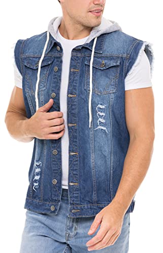 Skylinewears Men's Hooded Denim Vest Ripped Sleeveless Trucker Jean Jacket with Hood for Bikers3
