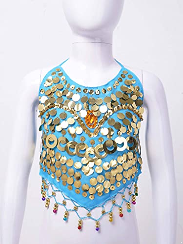 FEESHOW Kids Girls Glitter Sleeveless Crop Top Lace-up Halter Neck Backless Sequins Bells Tassel Decor Top3