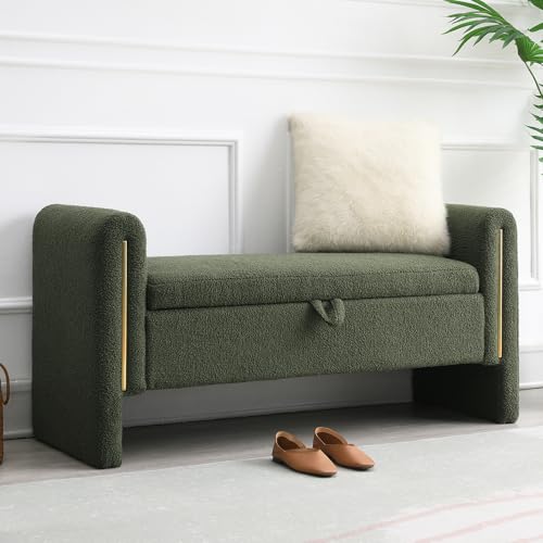 NIOIIKIT 52 Storage Ottoman Bench Teddy Upholstered Storage Bench with Armrest Entryway Bench with Pull-Ring End of Bed Bench Window Bench for Living Room (Olive Green)