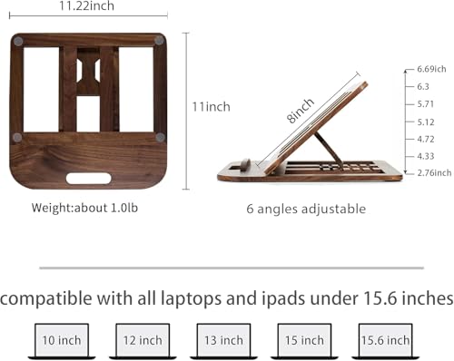 Image of Handmade Wooden Laptop Stand for Desk that is Compatible with iPad, MacBook Pro, Notebook, HP, and Dell Devices and has an Adjustable Height and Foldable Riser 15.6 inches at Most Walnut