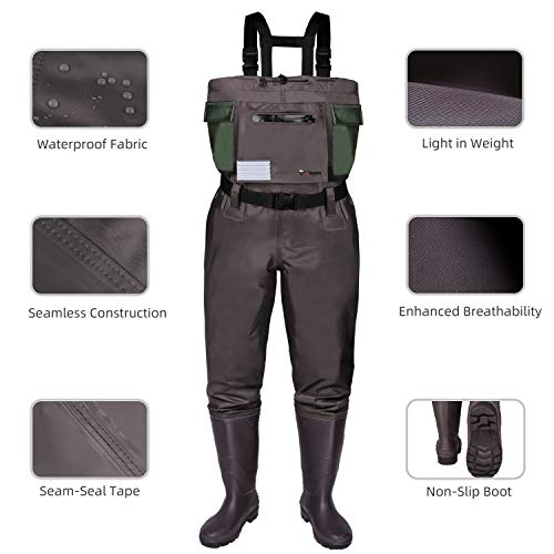 RUNCL Chest Waders, Waist-High Waders, Bootfoot Waders - Reinforced Nylon Outer Layer, Seamless Breathable Tech, Ergonomic Design, Fly Patch - Wader Fishing Fly Fishing Hunting (Brown, M6/W8)