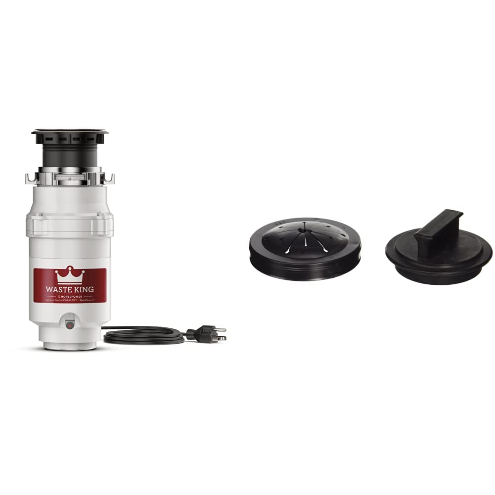 Waste King 1/3 HP Garbage Disposal with Power Cord, Compact Food Waste Disposer for Under Kitchen Sink, L-111 & 1025 Disposer EZ Mount Garbage Disposal Stopper and Splash Guard, Black