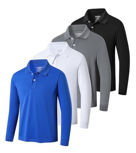 TAGIHOO 4 Pack Kids Mesh Athletic Polo Shirt Quick Dry Golf Moisture Wicking Active Long Sleeve for Youth(B/W/G/BL L)