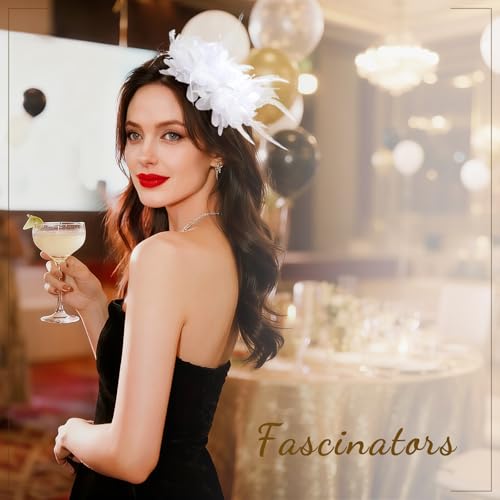 Image of DRESHOW Womens Fascinators Hats Tea Party Hats for Women Pearl Lace Feather Hat Vintage Derby Hats for Wedding Cocktail