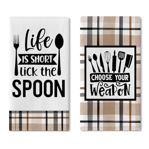 Croar Life is Short Lick The Spoon Kitchen Dish Towels Set of 2, Funny Tableware Buffalo Plaid Drying Hand Towel Baking Cooking Cloth, Housewarming Gift Bathroom Home Decoration 18x26 Inches