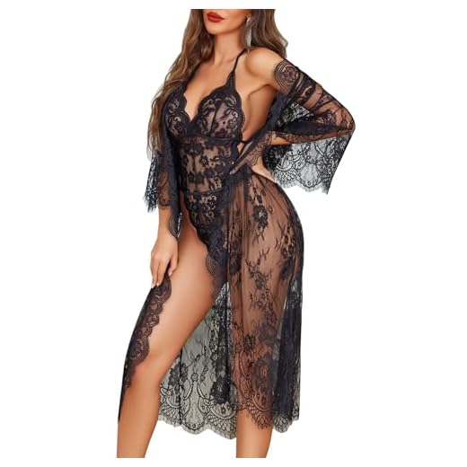 Avidlove Women Sexy Long Lace Lingerie Kimono Robe Eyelash Babydoll(Black, XXL)
