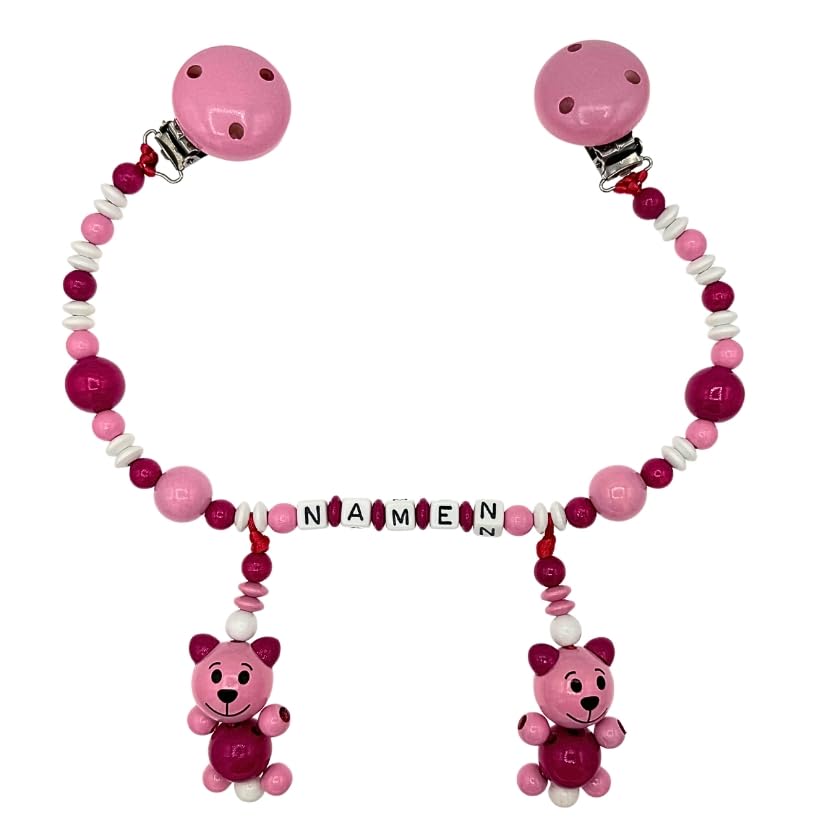 Set Nuckelkette + Kinderwagenkette mit Namen " 3D - BÄR/TEDDYBÄR " Babyrosa Dunkelpink Weiß/Baby/Unisex/Personalisiert/HANDMADE