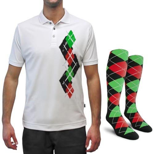 Dry Fit Graphic Golf Polo Shirt for Men, Great for Sports and All Outdoor Activities - Argyle Paradise - G: Black/Red/Lime - Medium with Socks