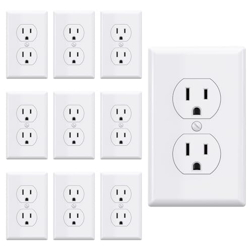 AIDA Outlet White Duplex Receptacle with Wall Plate, Electrical Outlet Electrical Wall Outlet, 15 Amp Outlet 125V, Self-Grounding, 2-Pole, 3-Wire, 5-15R, UL Listed, 10 Pack, Tamper Resistant