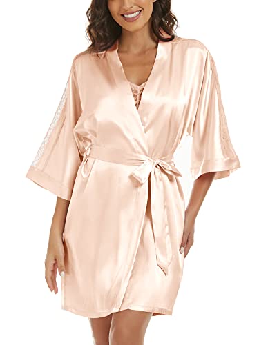 Women's Silk Pajama Sets Satin Robe with Nightgown 2 Piece Sleepwear Sexy Lace Cami Nightwear Kimono Bridesmaid Robes3