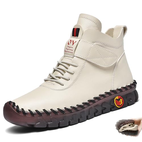 CrazySavage Womens Leather High Top Warm Snow Boots Winter Fur Lined Thickening Thermal Villi Softsole Anti-Slip Ankle Booties Mom Handmade Loafers