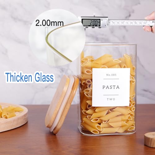 CZZGSM 6 Pack Square Glass Kitchen Storage Jars with Airtight Bamboo Lids and 132 Pantry Labels - 35oz Glass Canisters With Wood Lids - Glass Food Storage Containers for Coffee, Cookie, Tea, Spice
