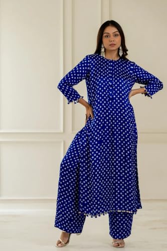 Image of LookMark Women Cotton Blend Bandhej Printed Bandhani Kurta Palazzo Set With Sequence Lace