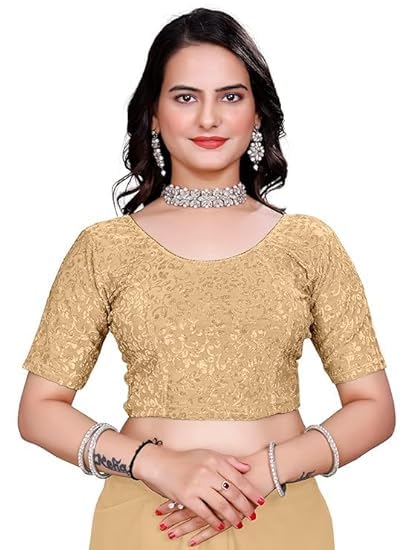 Women's Floral Readymade Blouse | Lycra Blend Fabric Round Neck | Elbow-Length Sleeves | Stretchable Designer Saree Blouse for Wedding Pack of 1-picture-47