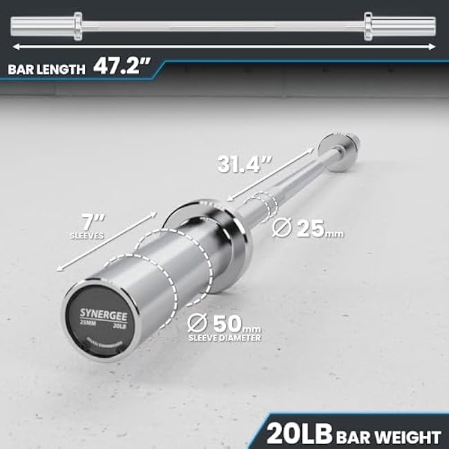 Synergee Olympic Barbell ¨C 4ft & 4.8ft, 2¡± Weight Bar for Strength Training, Squats, Deadlifts, Bench Press, Curls & Overhead Press ¨C 350lb Capacity with Magnetic Barbell Collars and Weight Plates.