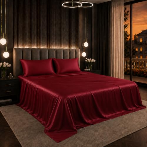 Image of Cloth Fusion Flat Satin Bedsheet Double Size 90x100 inch | Crimson Red, 2 Pillow Covers, 300 TC, Glossy Finish, Smooth on Hair and Skin, Gift for Couples, Wedding & Anniversary
