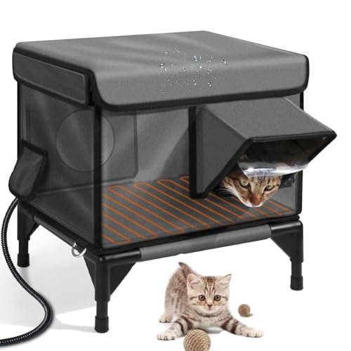 Heated Cat House, Outdoor Insulated Shelter for Feral Cats, Weatherproof with Two Exits, Safe Escape Door and Magnetic Lock - Ideal for Winter