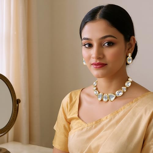 Image of Lucky Jewellery Back Meenakari 18k Gold Plated White Color Triangular Shape Earring Combo Jewellery Set Uncut Dibbi Kundan Choker Necklace for Girl's & Women