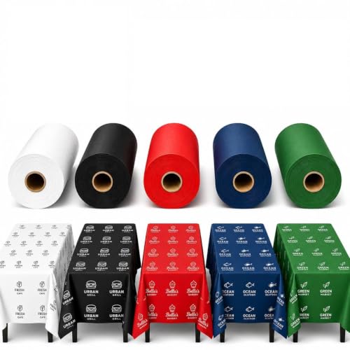 Image of Custom Disposable Tablecloth Roll, Continuous Plastic Table Cloth Roll | 54 in x 410 ft Plastic Table Cover with Cutter Single-Color All-Over Line Art or Text Table Cloths Disposable for Catering