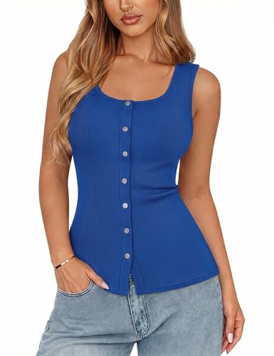 Image of Aottori Womens Vest Top Summer Sleeveless Ribbed Fitted Tank Tops UK Button Down Round Neck Tanktop Laides Casual Basic Shirts Royal Blue XL
