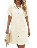 PASUDA Robe Eté Femme Chic et Elegant Coton Robes Chemise Longueur Genou Tunique à Manches Courtes Col V Robe de Plage Décontractée Ample avec Bouton Poches(Blanc,XXL)