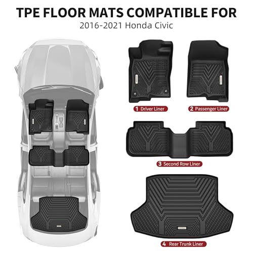 Image of YITAMOTOR Floor Mats & Cargo Mats Fit for 2016-2021 Honda Civic Sedan | Not for Hatchback /Coupe, TPE All Weather Floor Liner for Honda Civic, 1st & 2nd Rows, Black