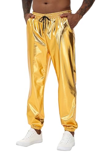 Mens Gold Metallic Shiny Rave Night Club Pants Comfort Sweatpants Disco Dance Party Elastic Trousers4