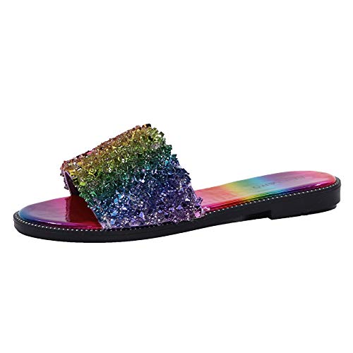 EETTARO Women's Glitter Shiny Slide Sandals Sparkle Fancy Flat Slippers Slip-on Jeweled Shoes(Multicolor, Numeric_8)