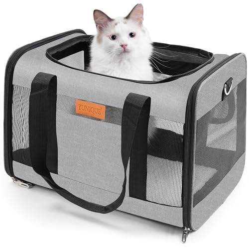 YUNIQUE Soft-Sided Cat & Dog Carrier for Pets Up to 15 Lbs, Airline Approved Collapsible Travel Puppy Carrier with Lightweight Fabric Design (Grey)