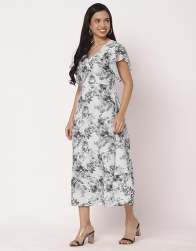 Image of Moomaya Women's Printed Dress, V-Neck, Short Sleeves, Ruffled Midi Summer Dress