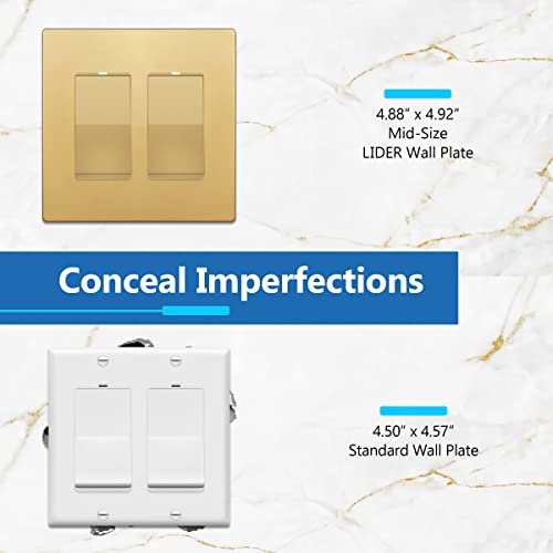Image of LIDER Decorator Switch Cover, Screwless Wall Plate, Mid-Size 2-Gang 4.88 inch x 4.92 inch, LSWP-32M-GD2P, UL Listed, Thermoplastic, Matte Gold, 2-Pack