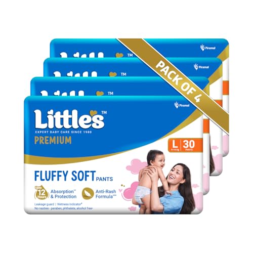 Little's Baby Pants Diapers with Wetness Indicator and 12 Hours Absorption, Large (L), 9-14 kg, 120 Count