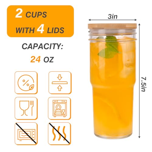 Moretoes 24oz Glass Cups with Lids and Straws, Reusable Drinking Tumblers for Jumbo Drinks