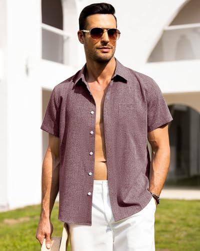 Image of Alimens & Gentle Mens Linen Shirts Short Sleeve Button Down Shirts Wrinkle Free Casual Vacation Beach Summer Tops