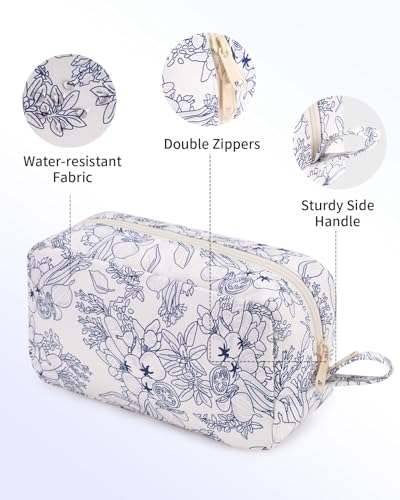 Image of Narwey Cute Makeup Bag Small Toiletry Bag Travel Cosmetic Bag Organizer Make Up Bags with Organized Pockets for Women (Navy Blue Flower, Large)