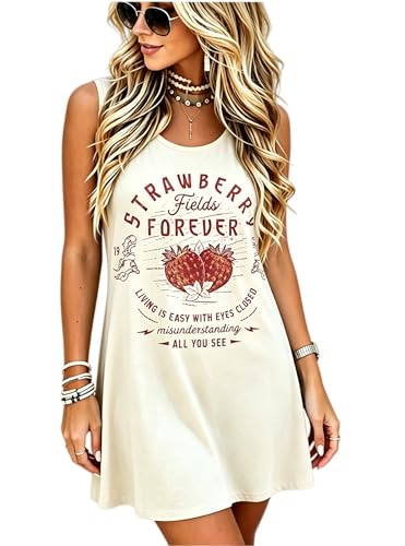 Image of Vintage Rock Country Music Dress for Women Rock Concert Band Graphic Tshirt Casual Letter Print Short Dress